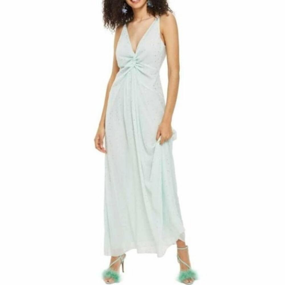 TOPSHOP Spot Foil metallic twist front slip maxi party dress mint dot Size 4 NEW - Picture 3 of 8